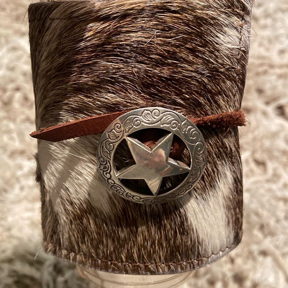 Cowhide Bottle / Can Coozie Brindle Concho Personalized Letter “H”